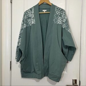 Garnet Hill Green Kimono Open Cardigan Size M Pockets Oversized Cotton Blend
